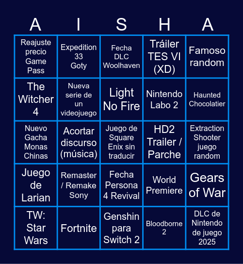 Bingo de los Game Awards Bingo Card