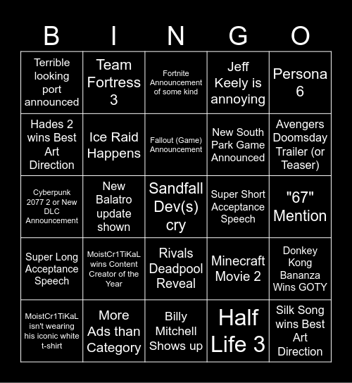 Game Awards 2025 Bingo Card