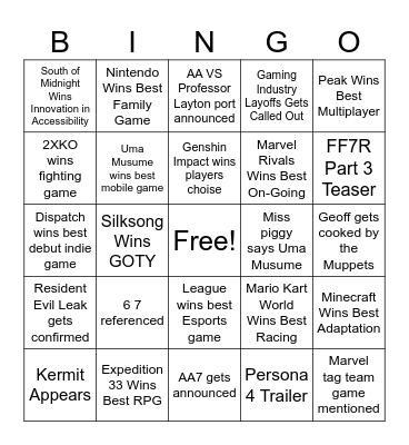 The Game Awards 2025 Bingo Card
