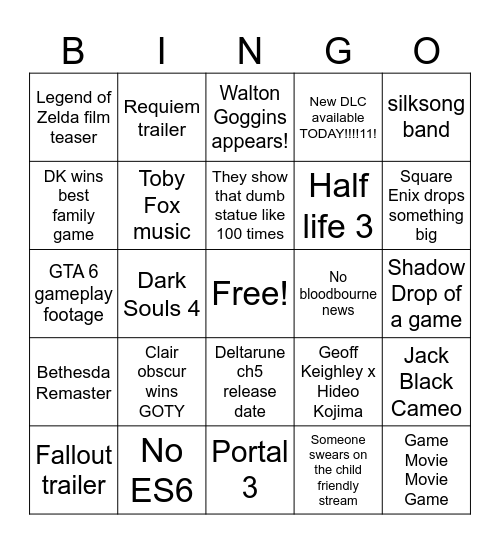 Game Awards Bingo Card