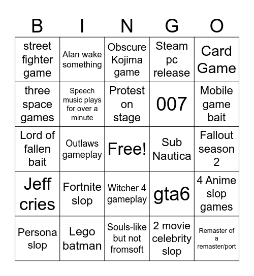 Game Award Bingo sheet Bingo Card