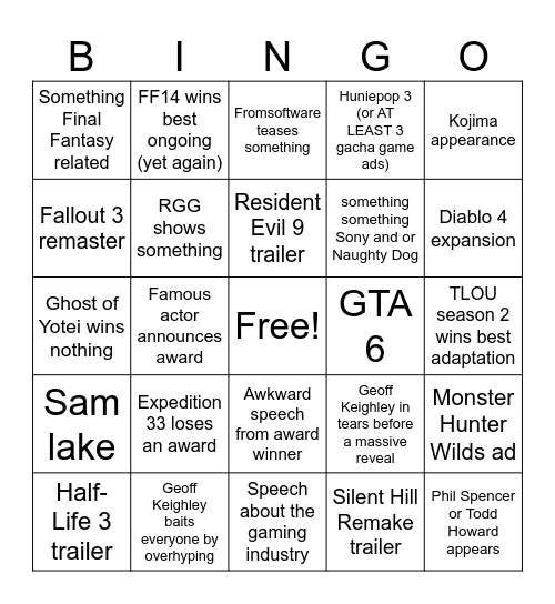 TGA 2025 Bingo Card