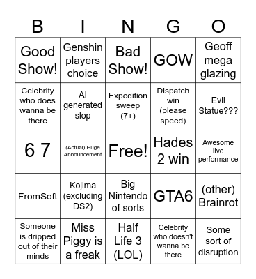 Game Awards 2025 Bingo Card