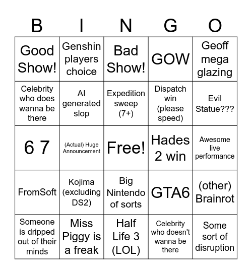 Game Awards 2025 Bingo Card
