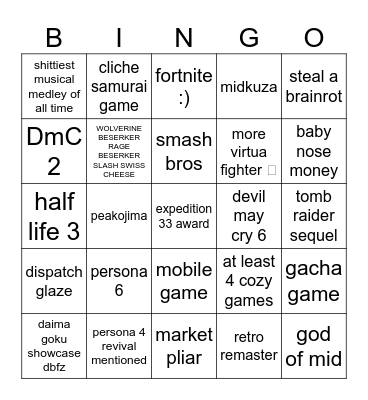 game awards 2025 Bingo Card