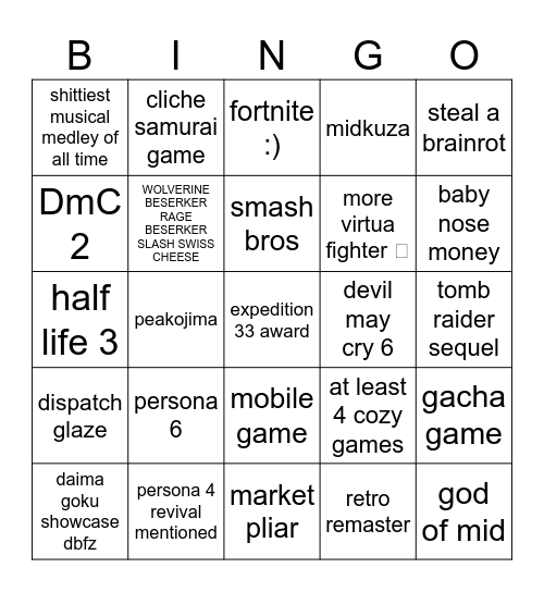 game awards 2025 Bingo Card