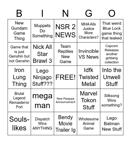 Game Awards Bingo Card