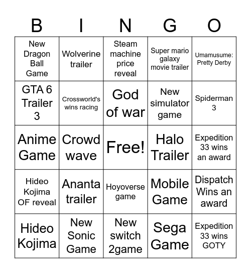 Game Awards Freezer Bingo Card