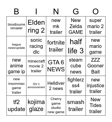 Game Awards Bingo Card