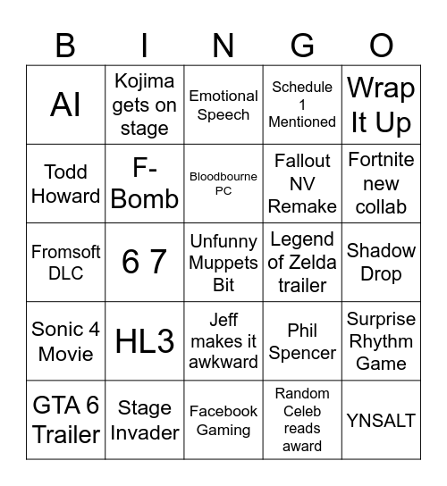 Game Awards Bingo Card