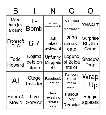 Game Awards Bingo Card