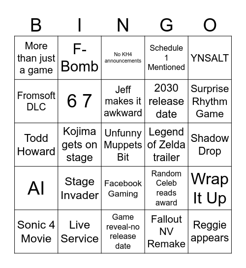 Game Awards Bingo Card