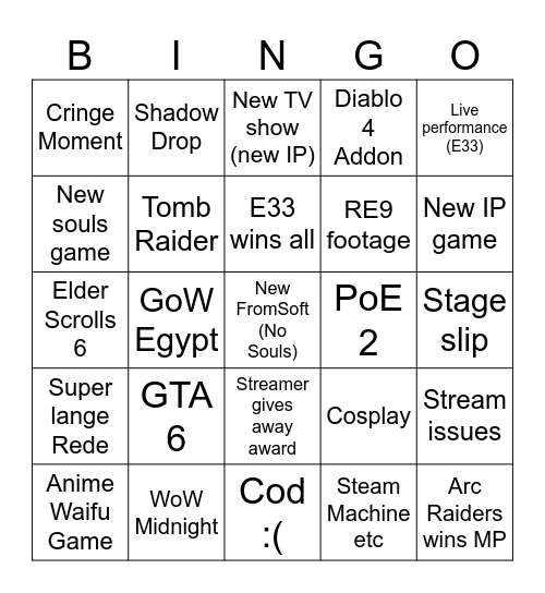 Game Awards Bingo Card