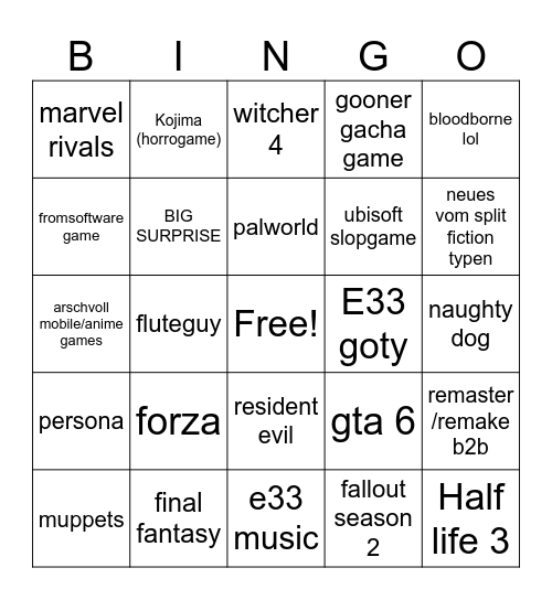 game awards Bingo Card
