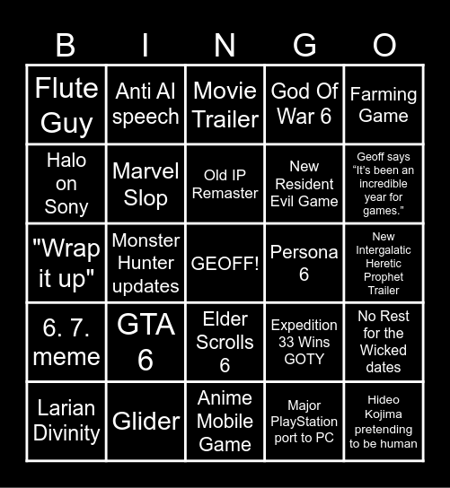 The Game Awards 2025 Bingo Card