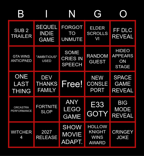 game awards Bingo Card