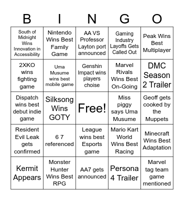 The Game Awards 2025 Bingo Card
