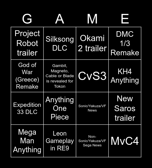 TGA 2025 Bingo Card