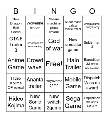 Game Awards Freezer Bingo Card