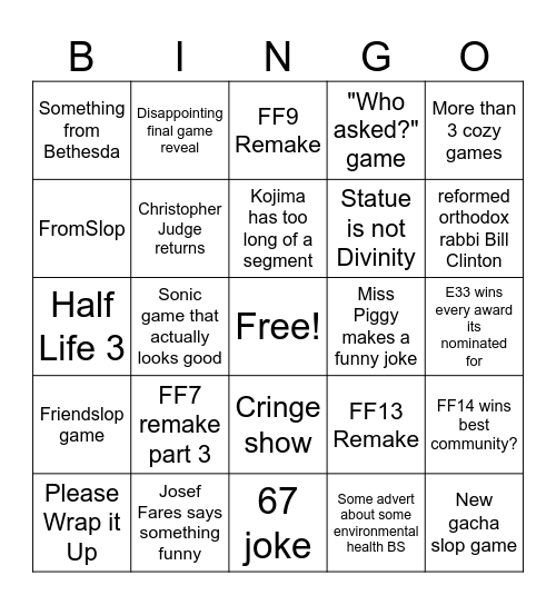 game awards 2025 Bingo Card