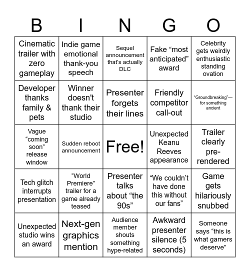 Game Awards Bingo Card
