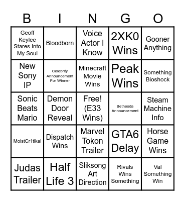 Game Awards Bingo Card