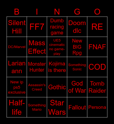 Game Awards Bingo Card