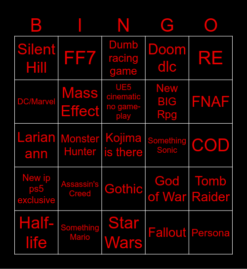Game Awards Bingo Card