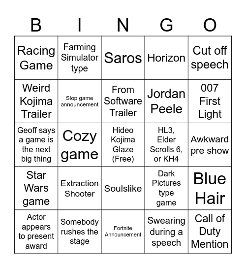 TGA 2025 Bingo Card