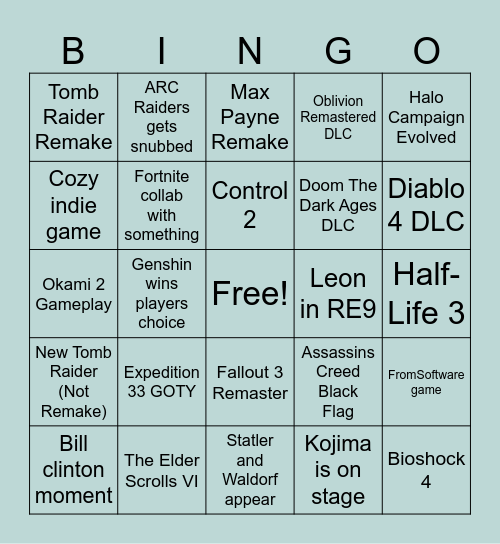 TGA Bingo Zack Bingo Card