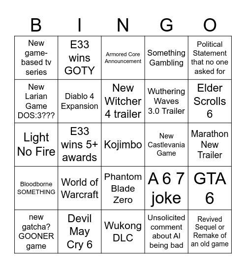 Game Awards Bingo Card