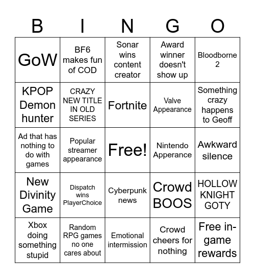 Game awards Bingo Card