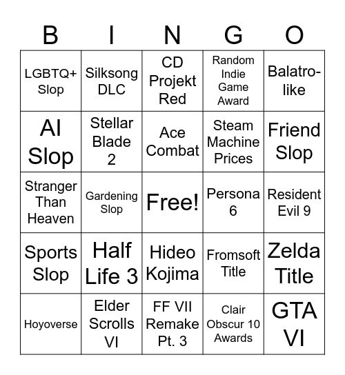 The Game Awards 2026 Bingo Card