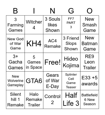 Game Awards Bingo Card