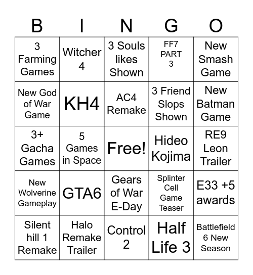 Game Awards Bingo Card