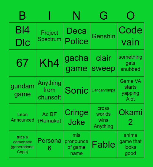 Game Awards Bingo Card