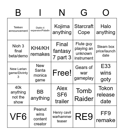 The Game Awards Bingo Card