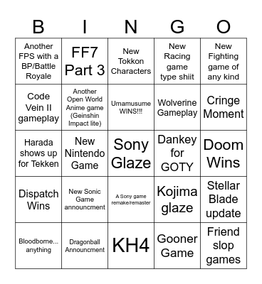 GAME AWARDS 2025 Bingo Card