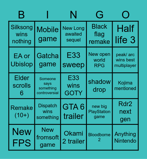 Game awards Bingo Card