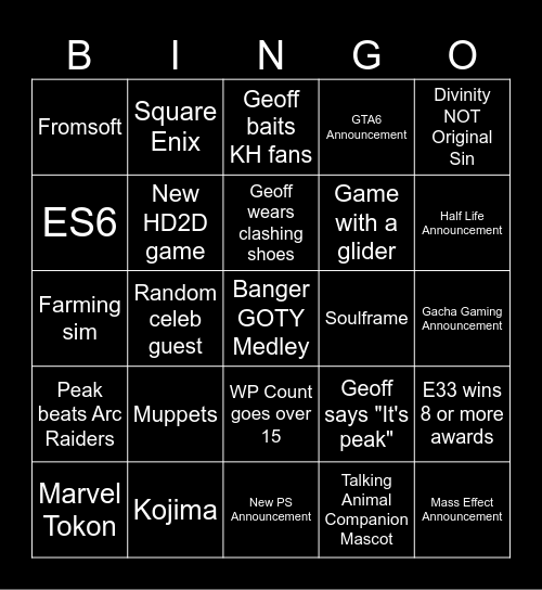 Game Awards Bingo Card