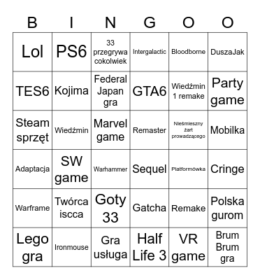 The Game Awards 33 Bingo Card