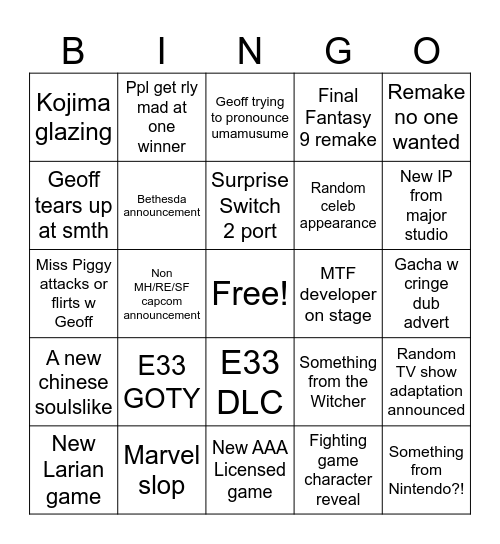 TGA 2025 Bingo Card