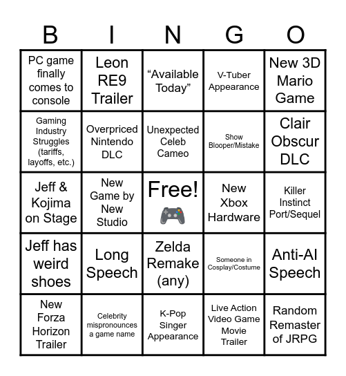 Game Awards 2025 Bingo Card