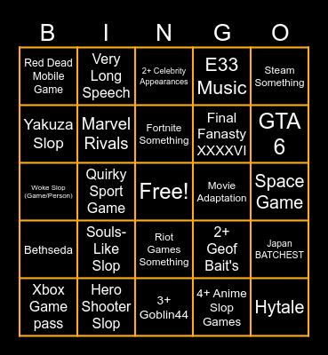 Game Awards Bingo Card