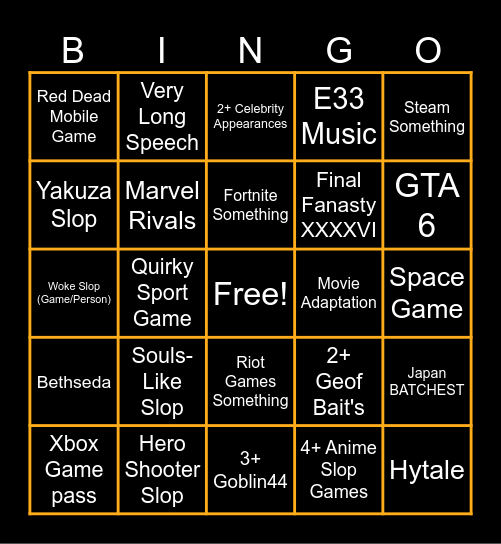 Game Awards Bingo Card