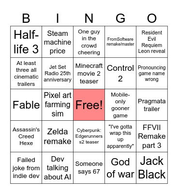 The Game Awards 2025 Bingo Card