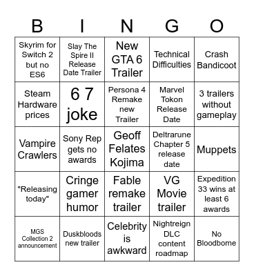 Game Awards 2025 Bingo Card