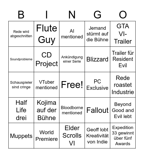 Game Awards Bingo Card