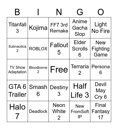 2025 Game Awards Bingo Card