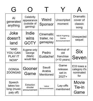 Game Awards Bingo Card